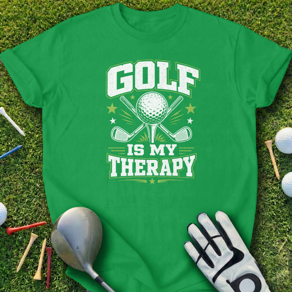 Green t-shirt with "Golf Is My Therapy" text, golf ball, and crossed clubs.