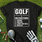 Black t-shirt with white text "GOLF INSTRUCTIONS" and numbered steps.
