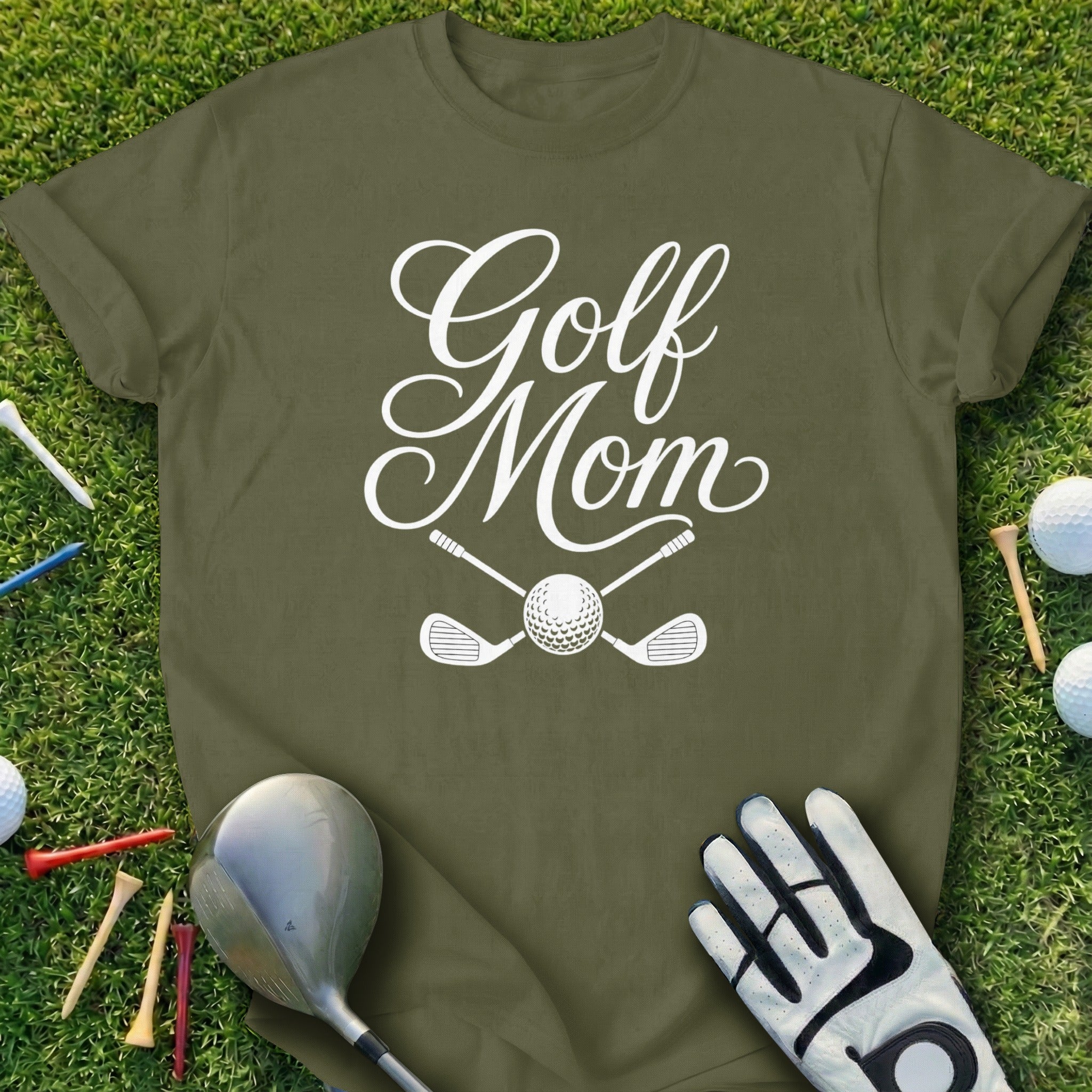 Olive t-shirt with "Golf Mom" and crossed golf clubs and ball graphic.