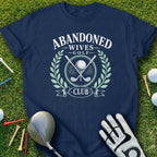 Navy t-shirt with "Abandoned Wives Golf Club" logo and golf equipment.