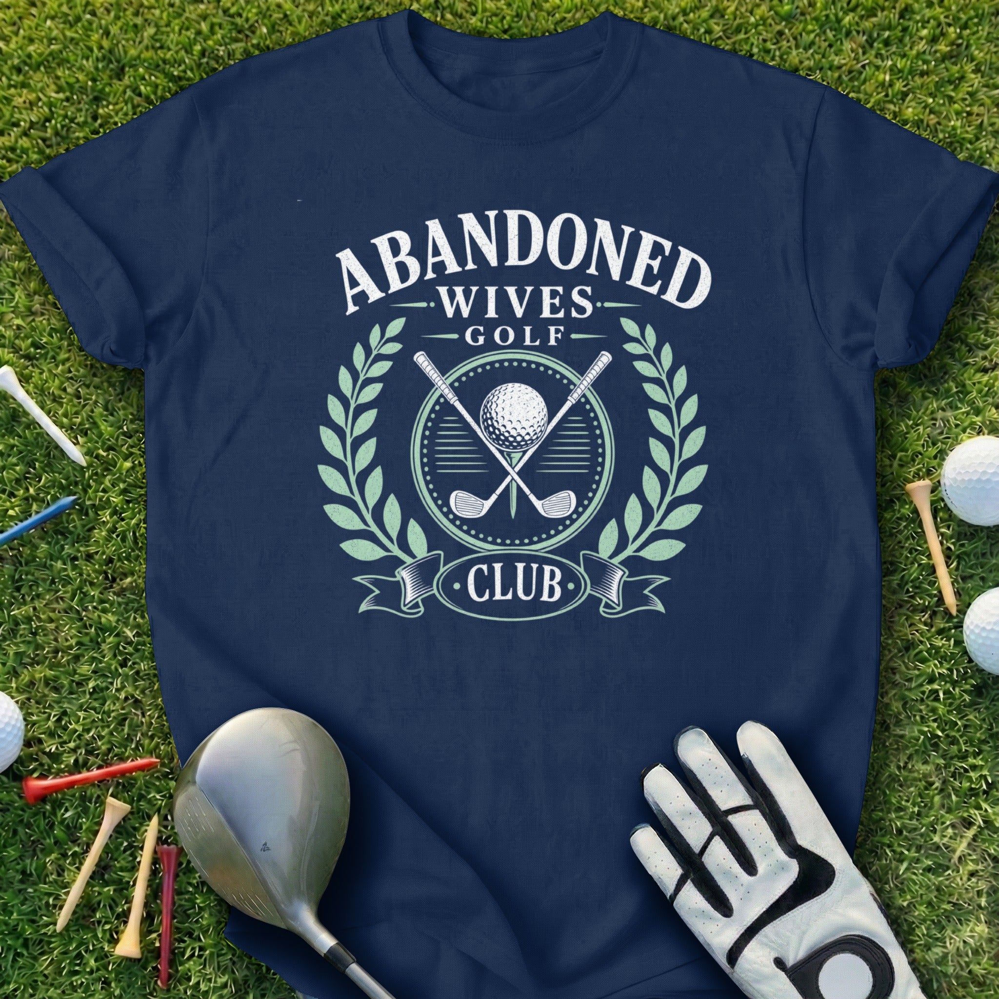 Navy t-shirt with "Abandoned Wives Golf Club" logo and golf equipment.