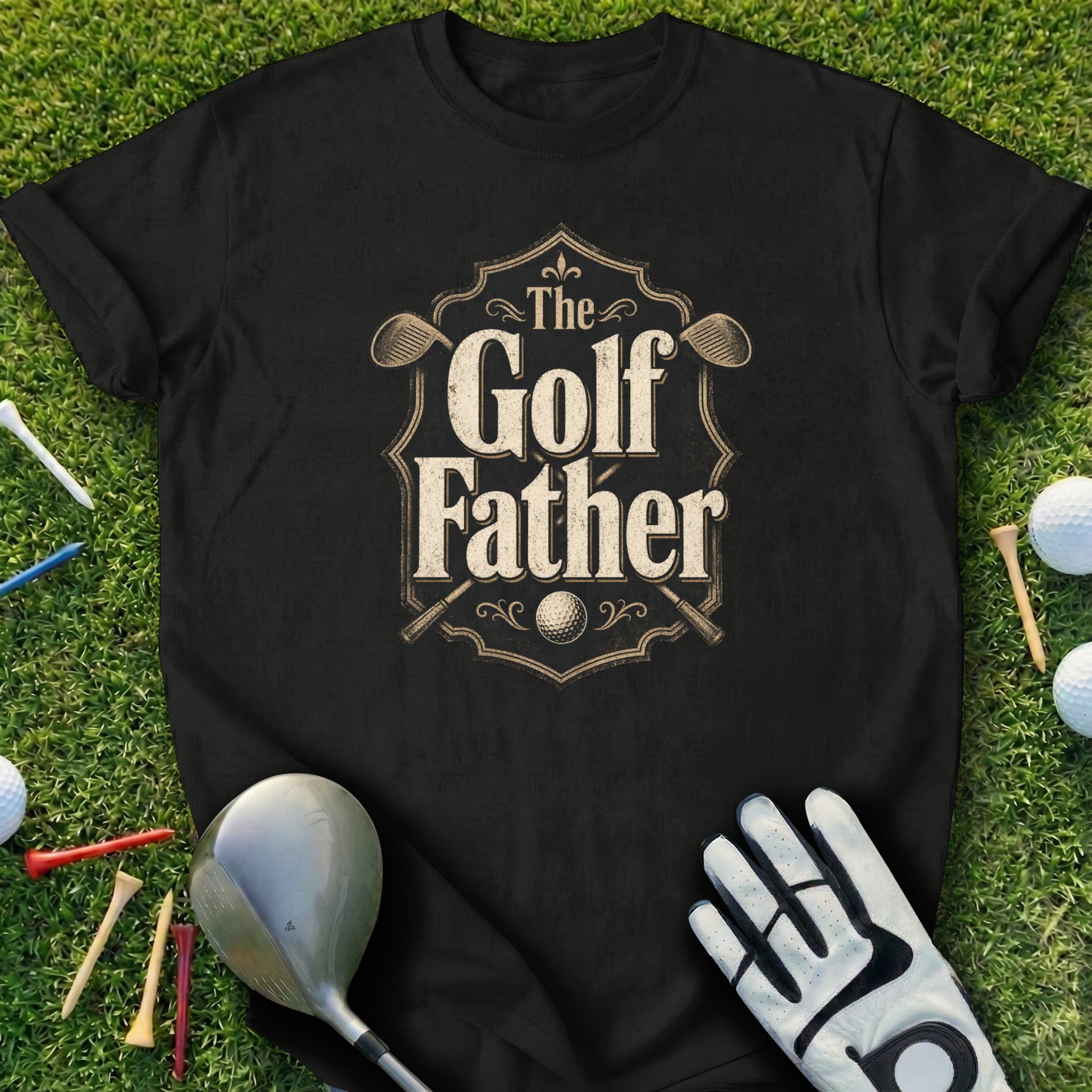 Black t-shirt with "The Golf Father" text and crossed golf clubs.