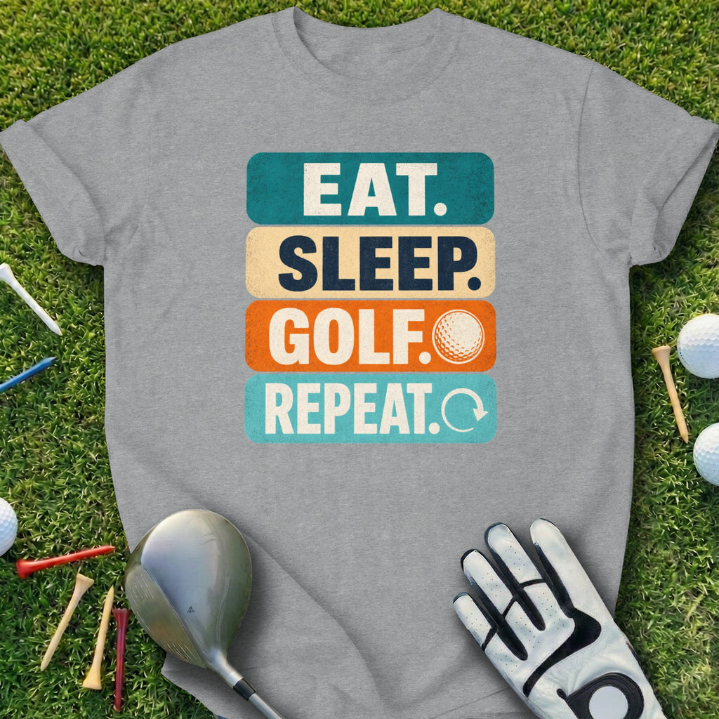 Gray t-shirt with "EAT. SLEEP. GOLF. REPEAT." text and golf ball graphic.