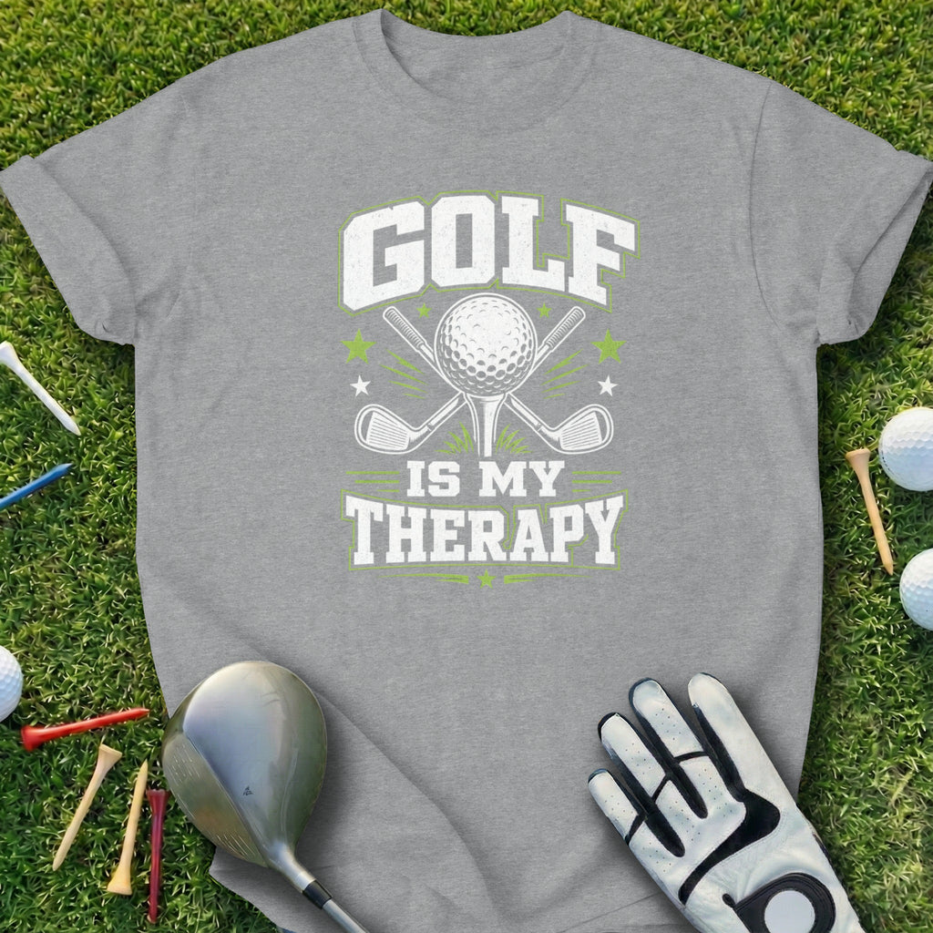Grey t-shirt with "GOLF IS MY THERAPY" and crossed golf clubs and ball.