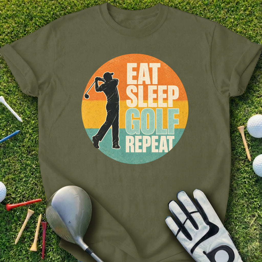 Olive green t-shirt with "Eat Sleep Golf Repeat" text and golfer graphic.