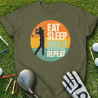 Olive green t-shirt with "Eat Sleep Golf Repeat" text and golfer graphic.