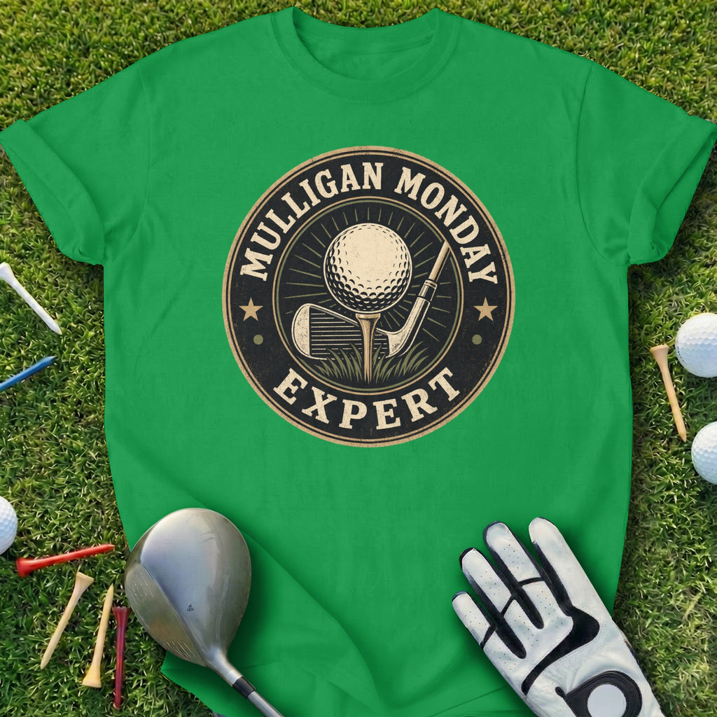 Green t-shirt with "Mulligan Monday Expert" text and golf graphics.