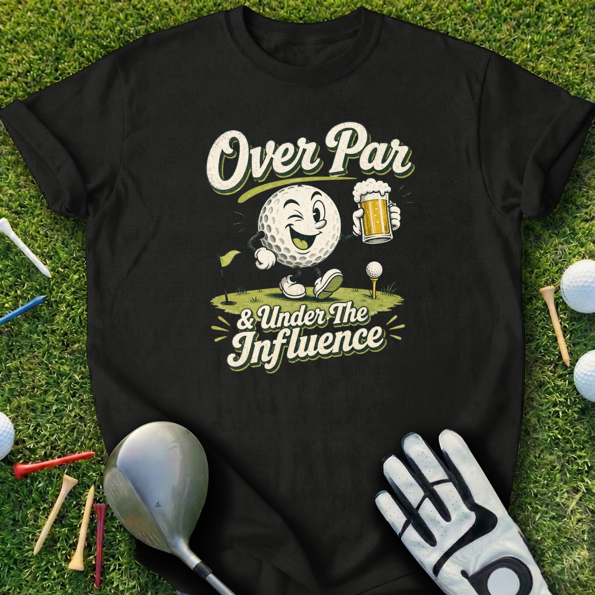 Golf ball character with beer and golf accessories on a green background.