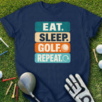 Navy t-shirt with "EAT. SLEEP. GOLF. REPEAT." text and golf ball graphic.