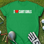 Green t-shirt with "I ❤️ CART GIRLS" text, golf club, glove, tees, and balls.