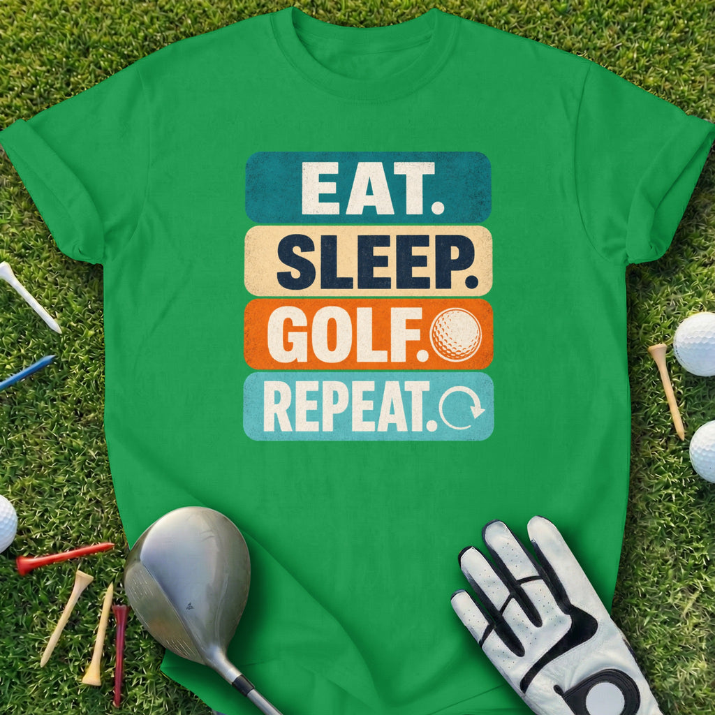 Green t-shirt with "EAT. SLEEP. GOLF. REPEAT." text and golf ball graphic.