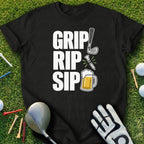 Black t-shirt with "GRIP RIP SIP" and golf, knife, and beer graphics.