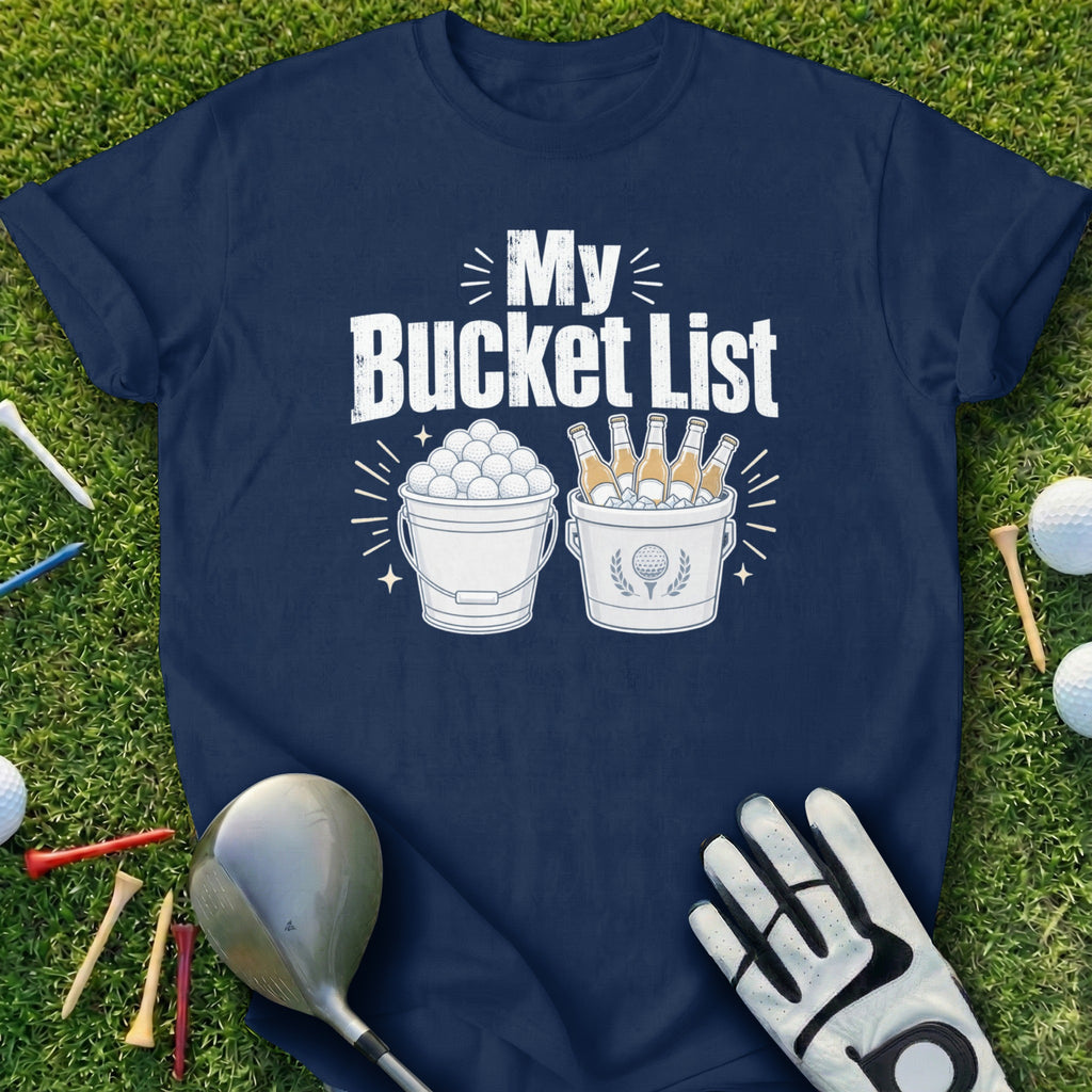 Navy t-shirt with "My Bucket List" text and graphics of golf balls and beer bottles.