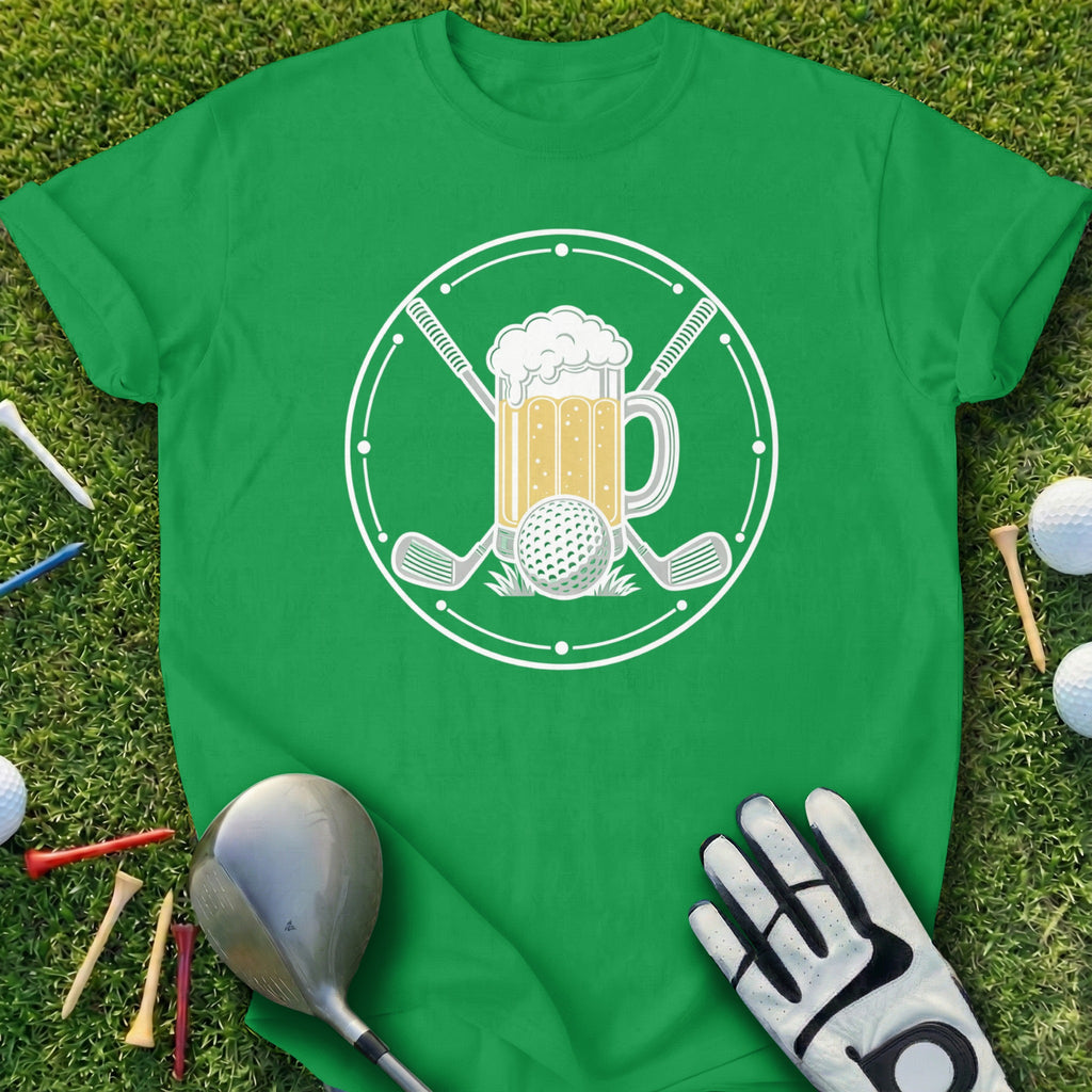 Green t-shirt with a circular graphic of a beer mug, golf club, and golf ball.