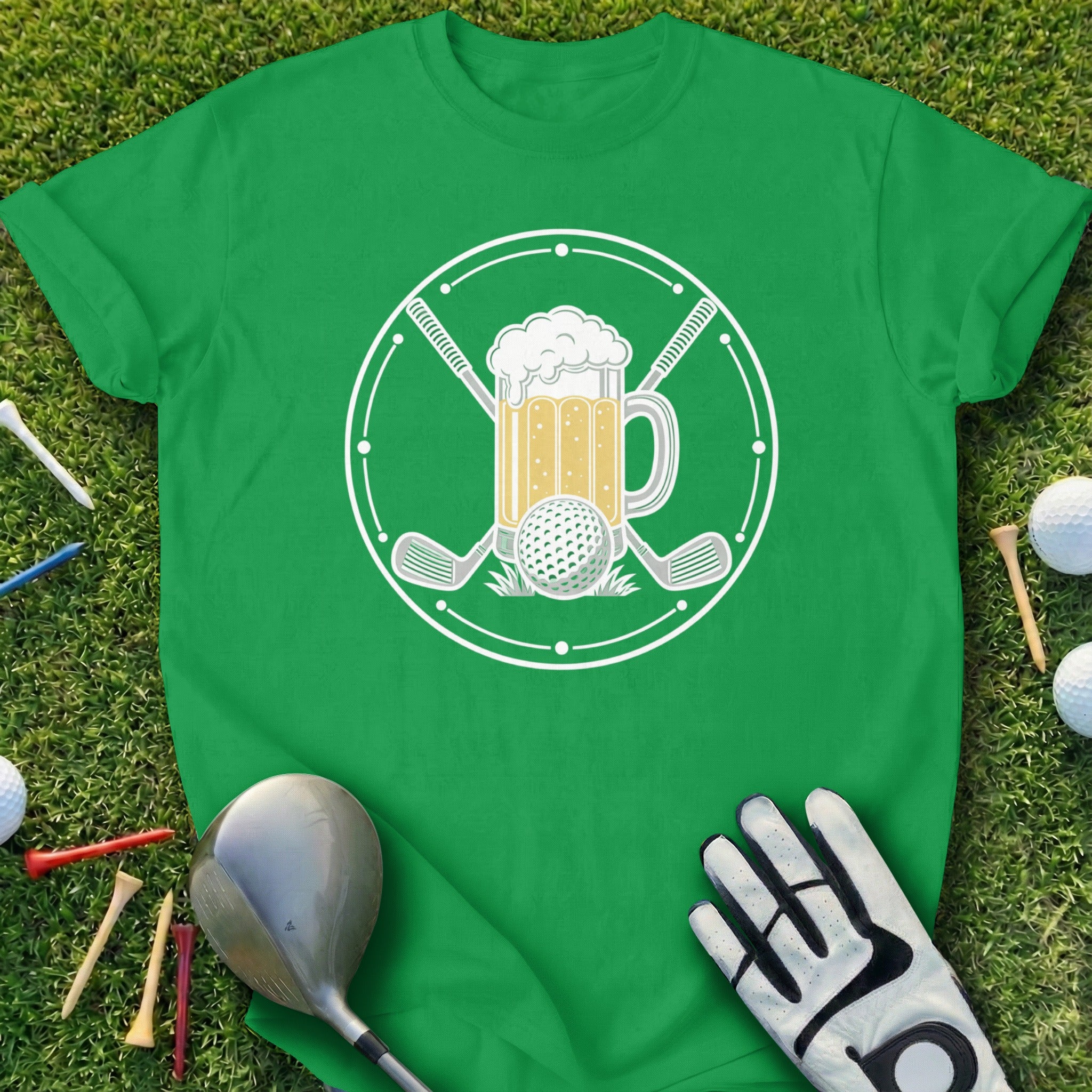 Green t-shirt with a circular graphic of a beer mug, golf club, and golf ball.