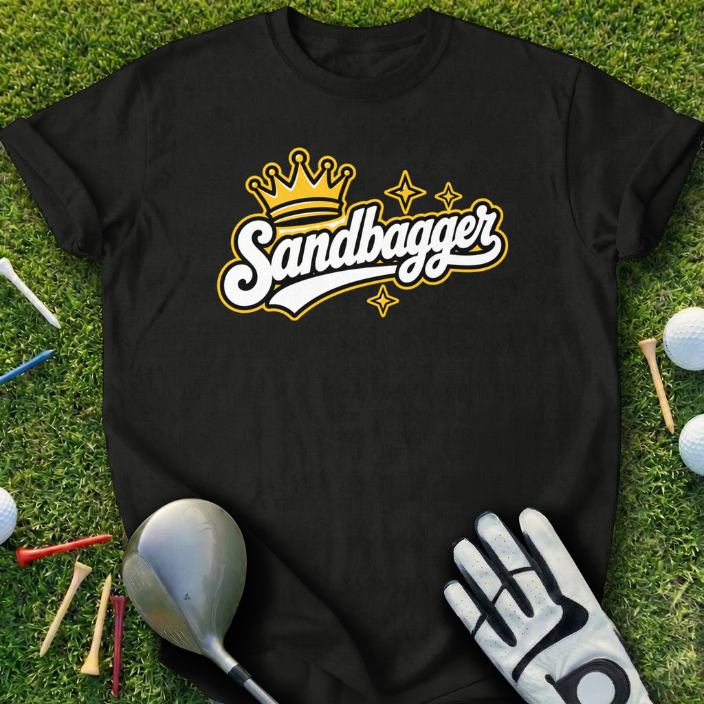 Black t-shirt with "Sandbagger" text and crown graphic.