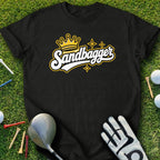 Black t-shirt with "Sandbagger" text and crown graphic.