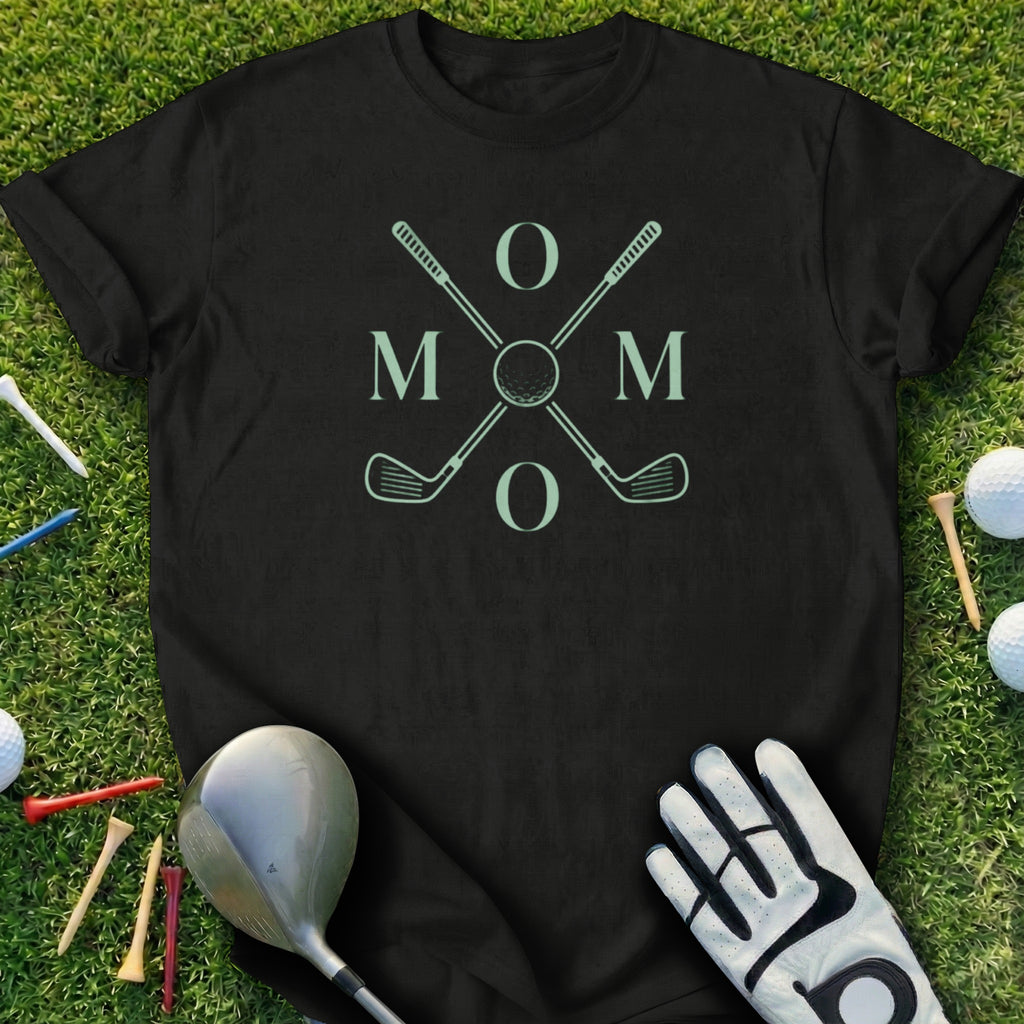 Black t-shirt with "MOM" in circle of crossed golf clubs.