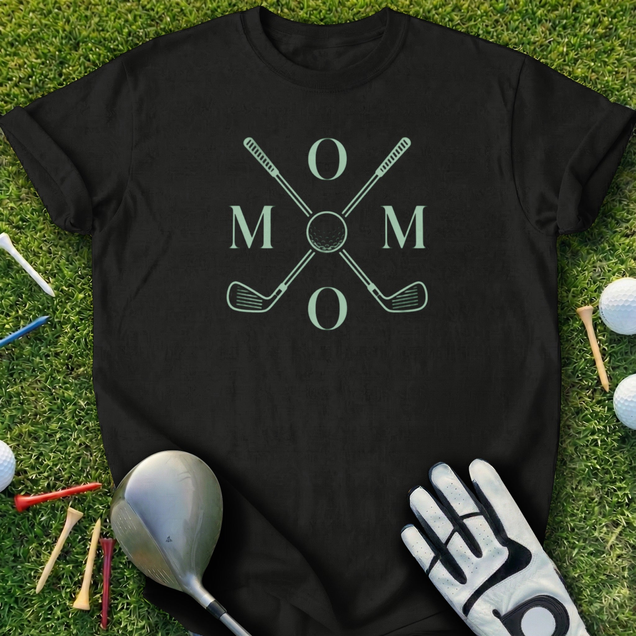 Black t-shirt with "MOM" in circle of crossed golf clubs.