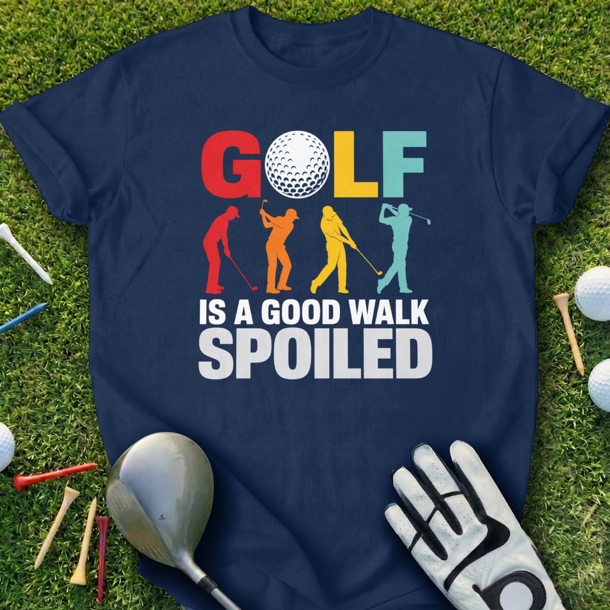 Navy t-shirt with "GOLF IS A GOOD WALK SPOILED" text and golfer silhouettes.