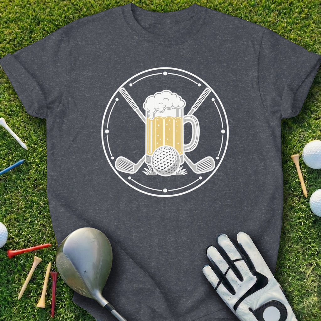 Golf ball and beer graphic with crossed clubs on a dark t-shirt.