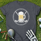 Golf ball and beer graphic with crossed clubs on a dark t-shirt.