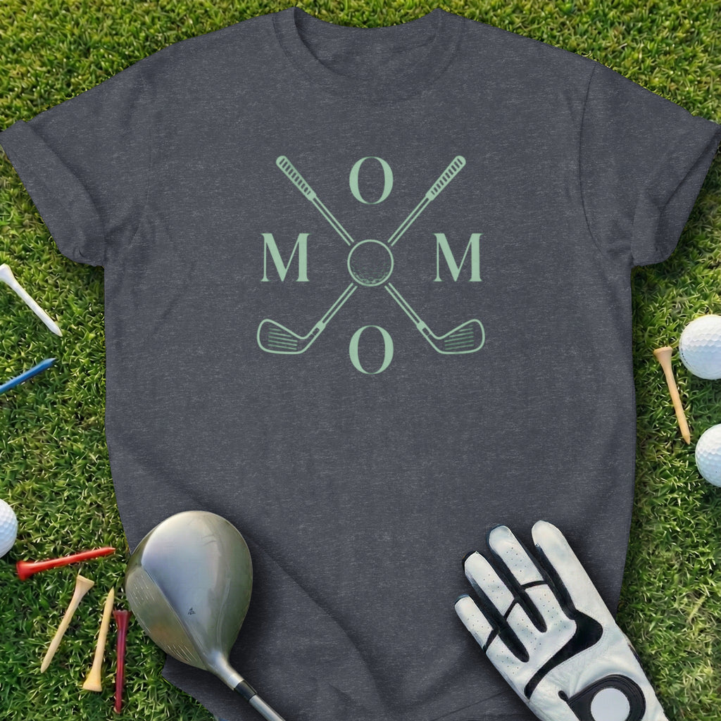 Dark grey t-shirt with "MOM" in mint green over crossed golf clubs.