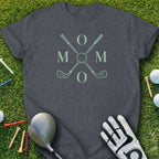 Dark grey t-shirt with "MOM" in mint green over crossed golf clubs.