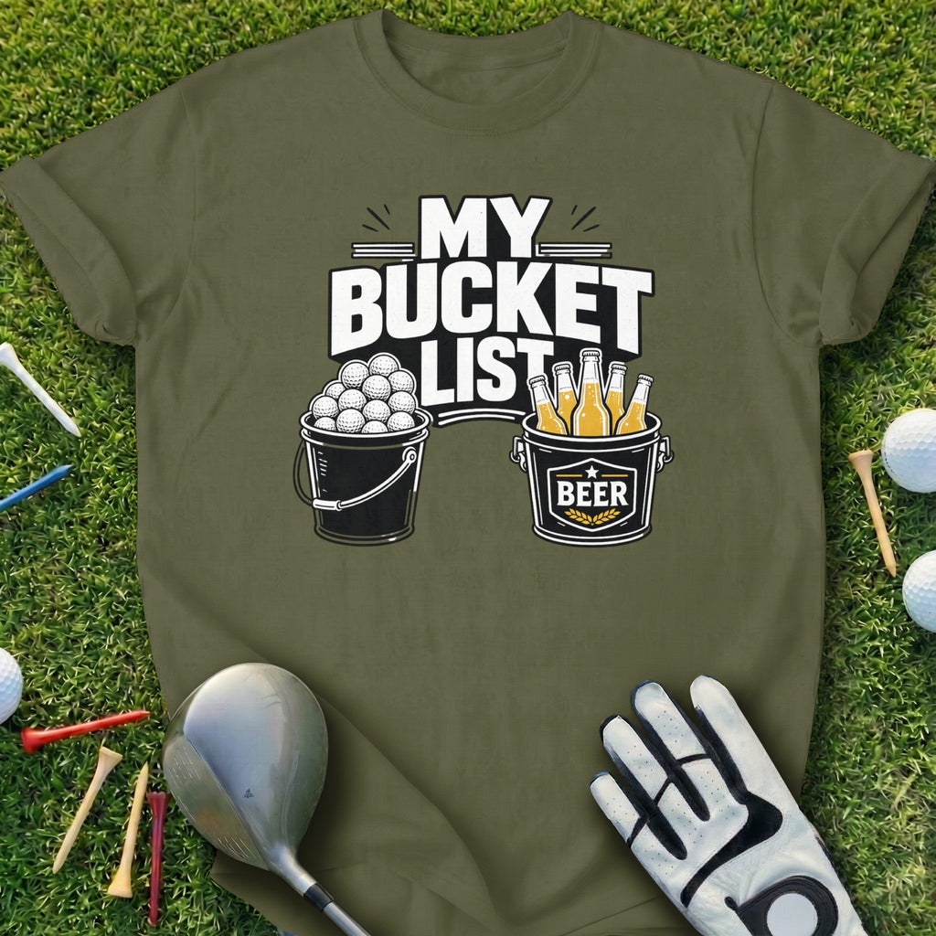 Green t-shirt with "My Bucket List Beer" text and graphics of golf balls and beer bottles.