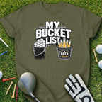 Green t-shirt with "My Bucket List Beer" text and graphics of golf balls and beer bottles.