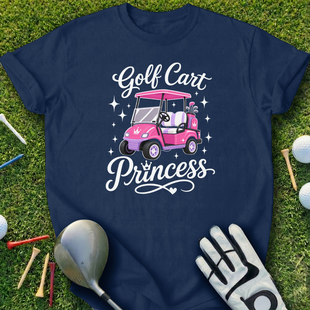 Navy t-shirt with "Golf Cart Princess" and a pink golf cart illustration.