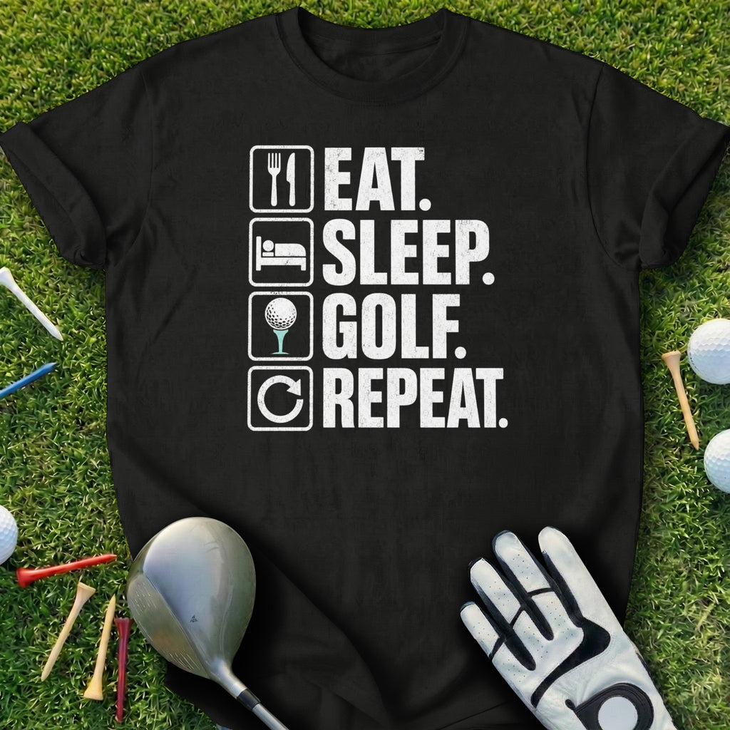 Black t-shirt with white text reading "Eat. Sleep. Golf. Repeat."