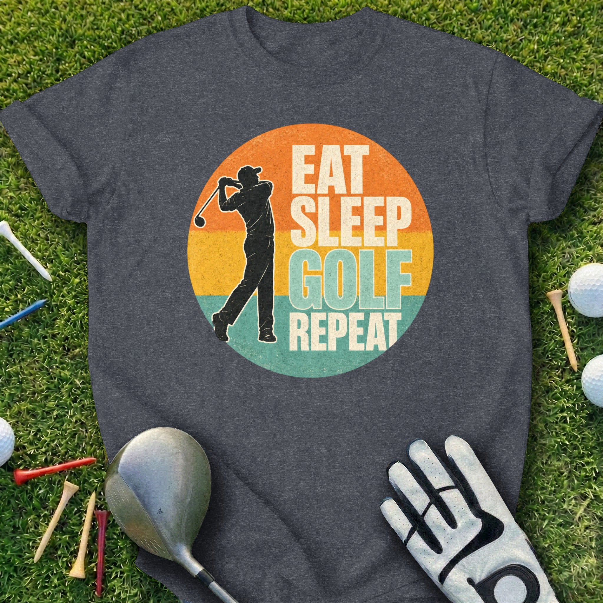 T-shirt with "Eat Sleep Golf Repeat" in a circular graphic, golf club, glove, and balls.