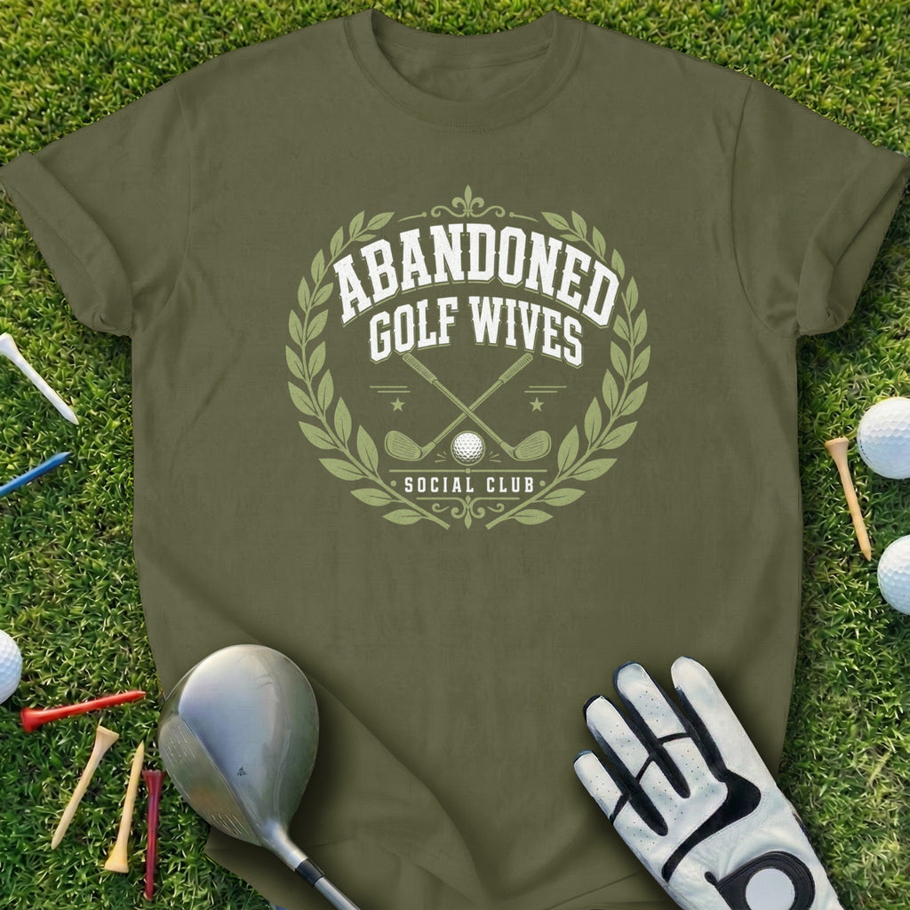 Green t-shirt with "Abandoned Golf Wives Social Club" text and golf imagery.