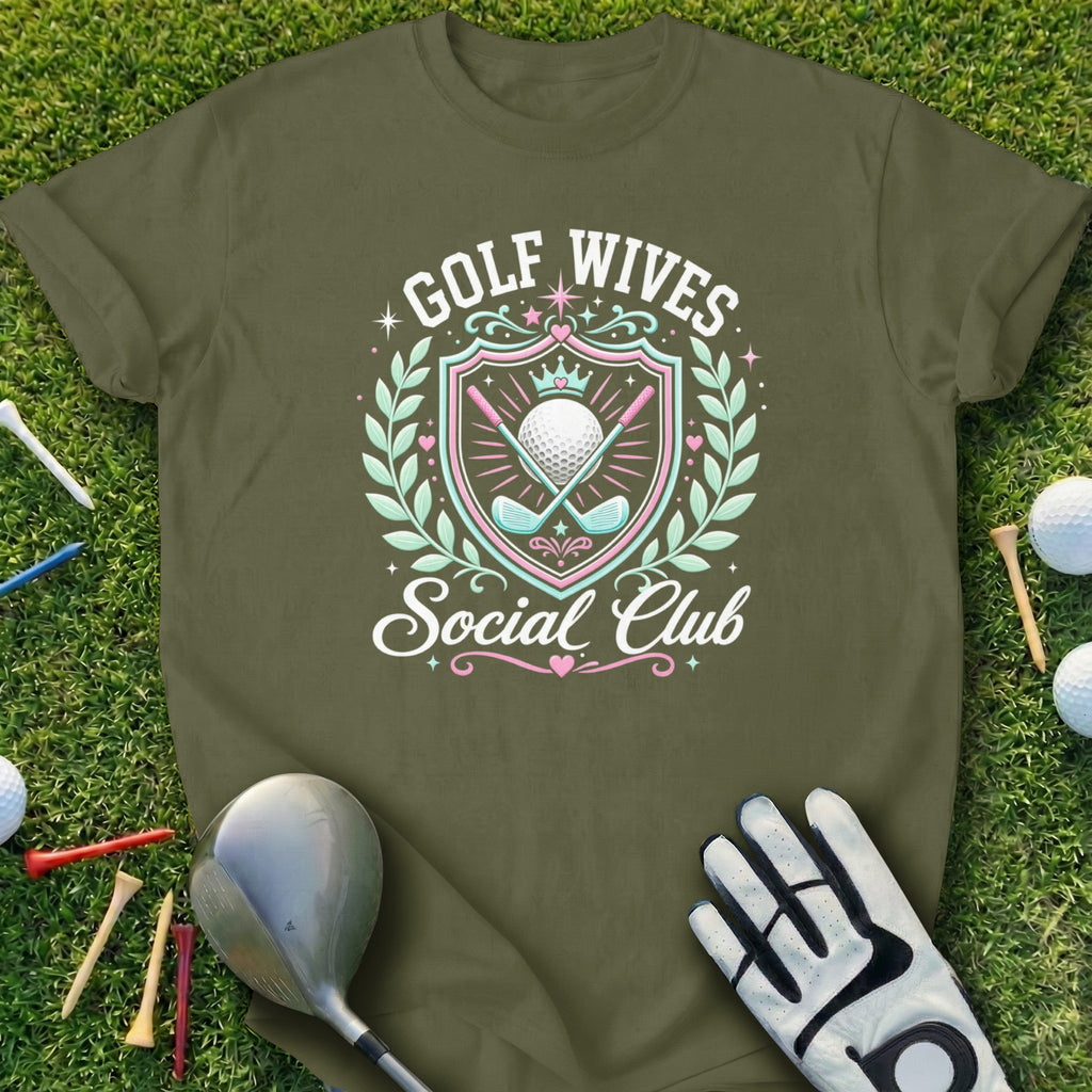 Golf Wives Social Club emblem with golf clubs and a ball.