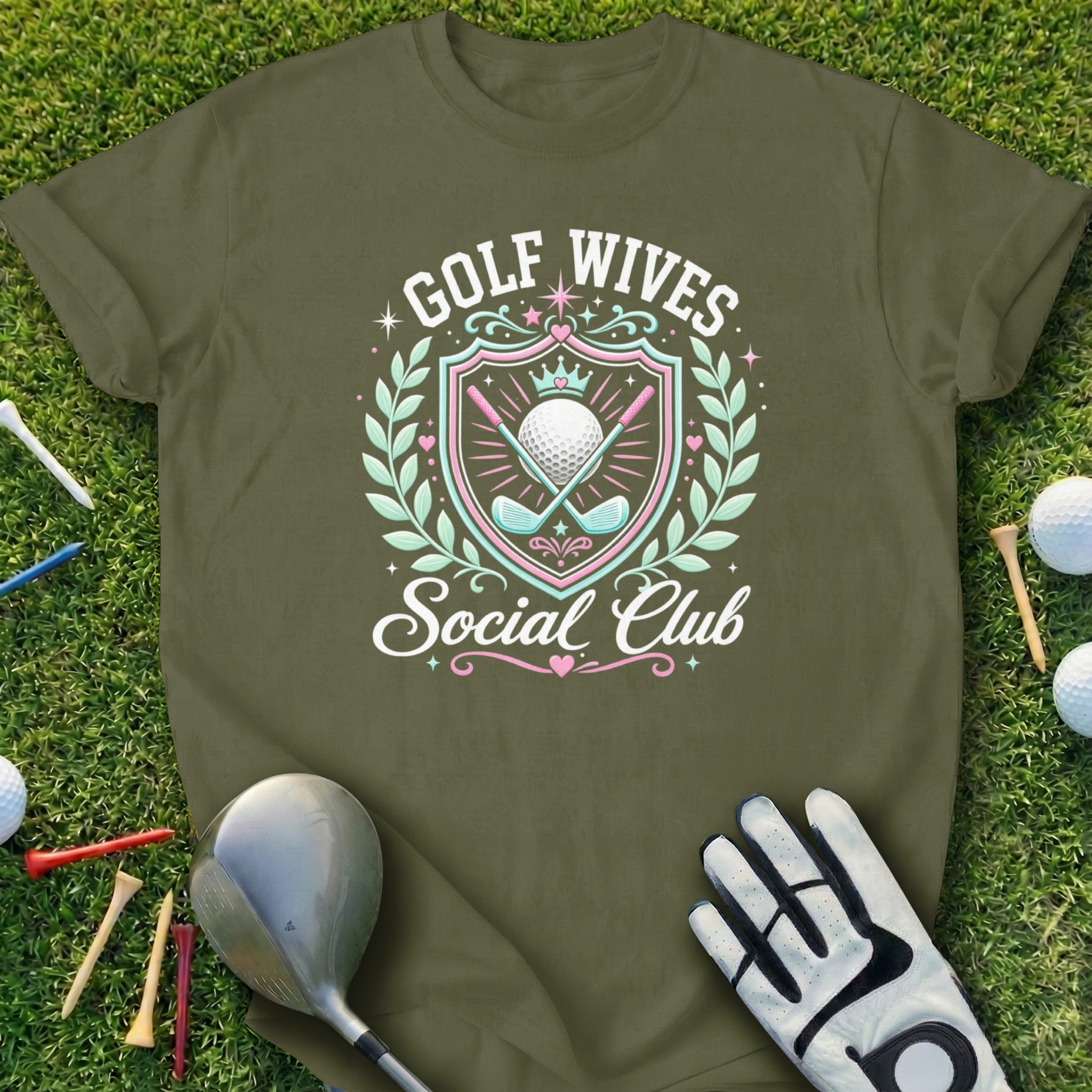Golf Wives Social Club emblem with golf clubs and a ball.