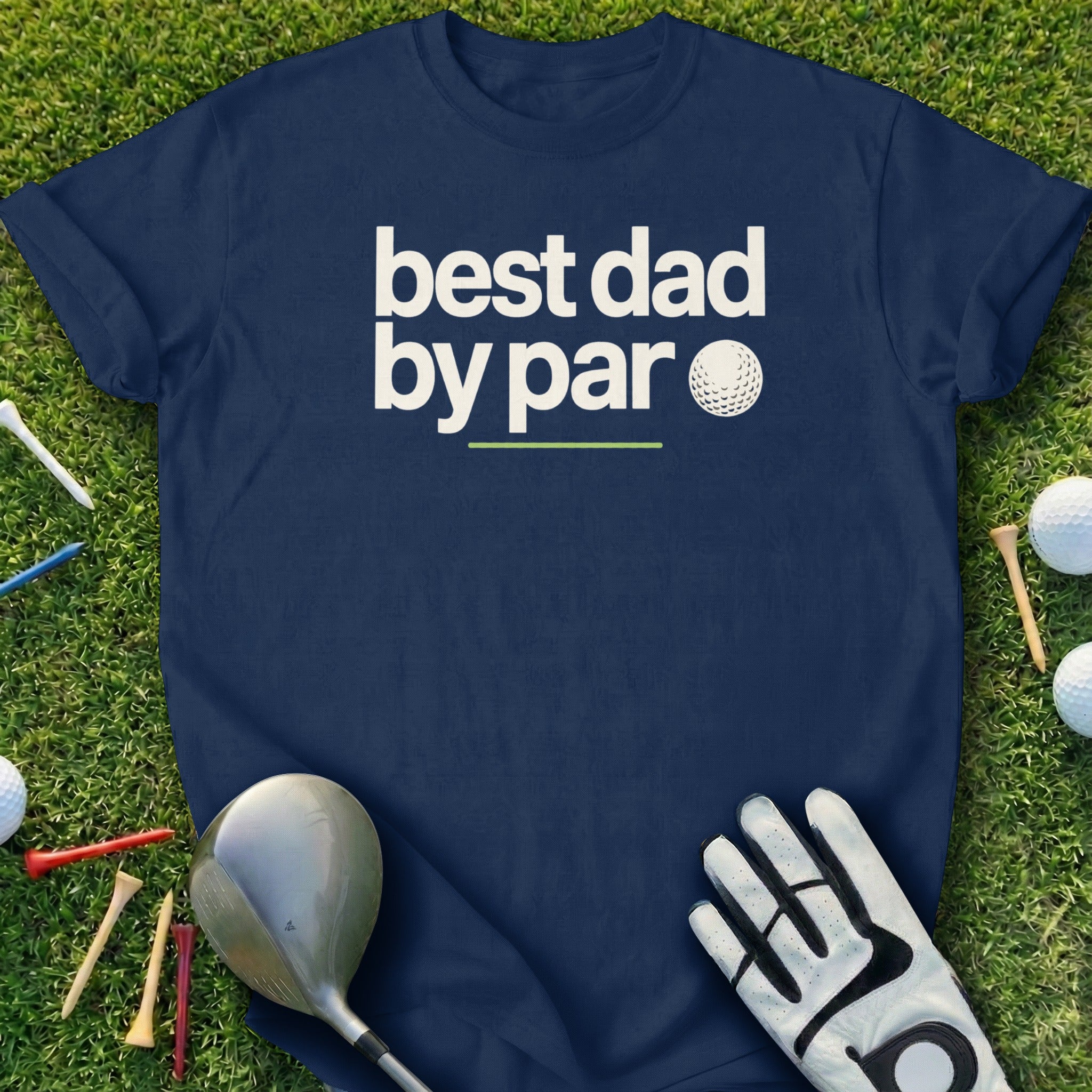 Navy t-shirt with "best dad by par" and a golf ball graphic.