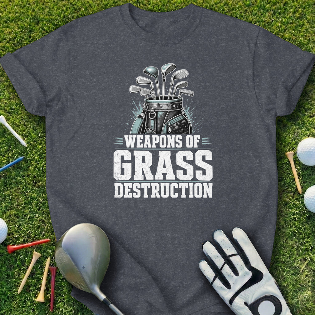 T-shirt with "Weapons of Grass Destruction" text and golf clubs.