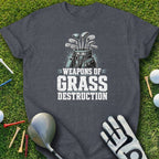 T-shirt with "Weapons of Grass Destruction" text and golf clubs.