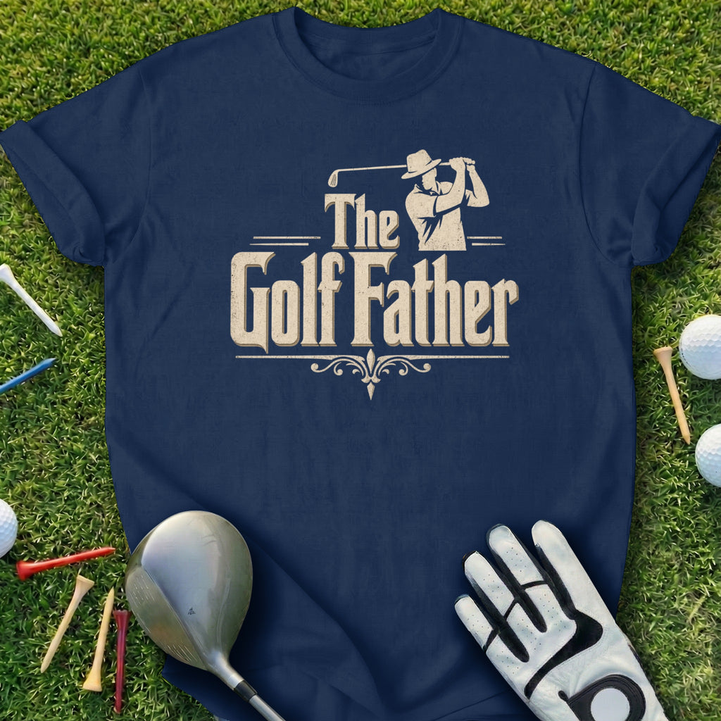Navy t-shirt with "The Golf Father" logo, golf club, glove, and tees.