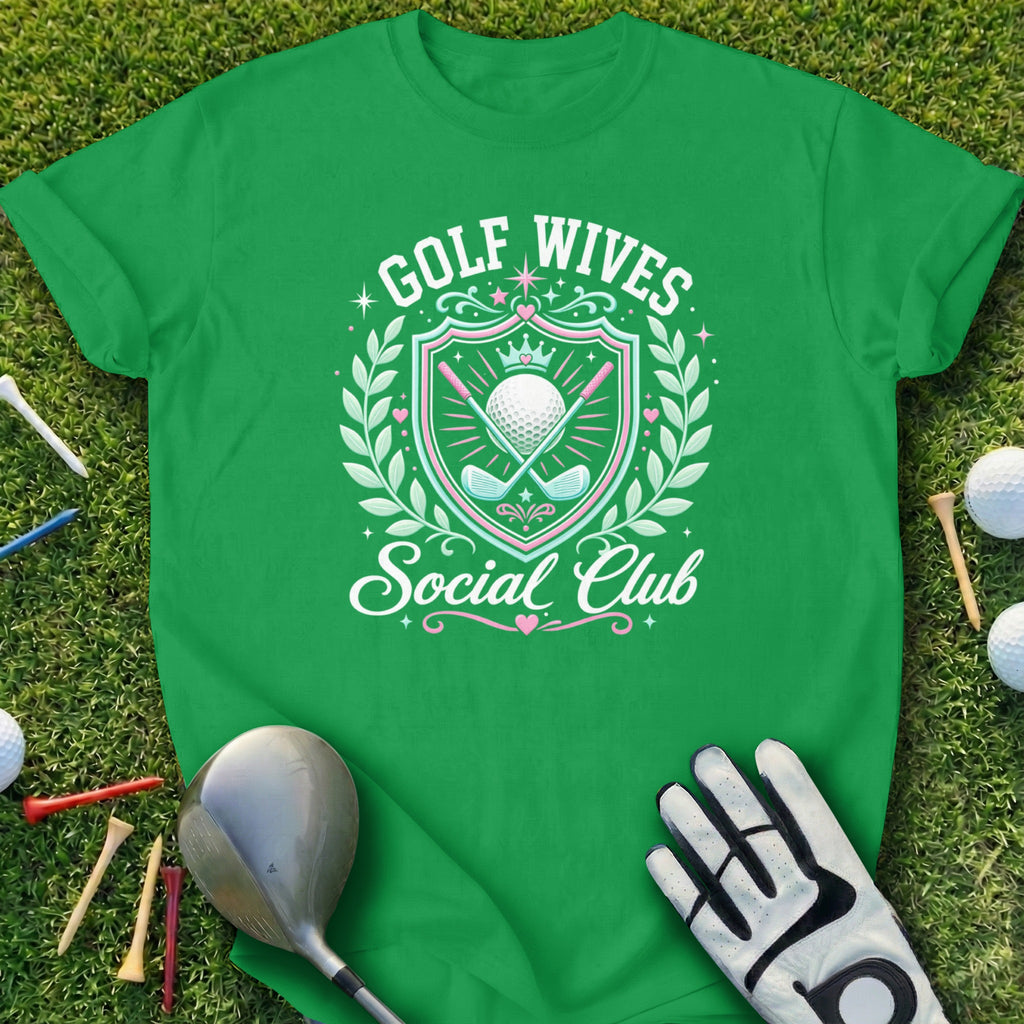 Green t-shirt with "Golf Wives Social Club" text and golf graphic.