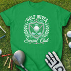 Green t-shirt with "Golf Wives Social Club" text and golf graphic.