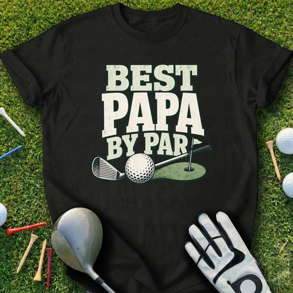 Black t-shirt with "BEST PAPA BY PAR" text and golf graphic.