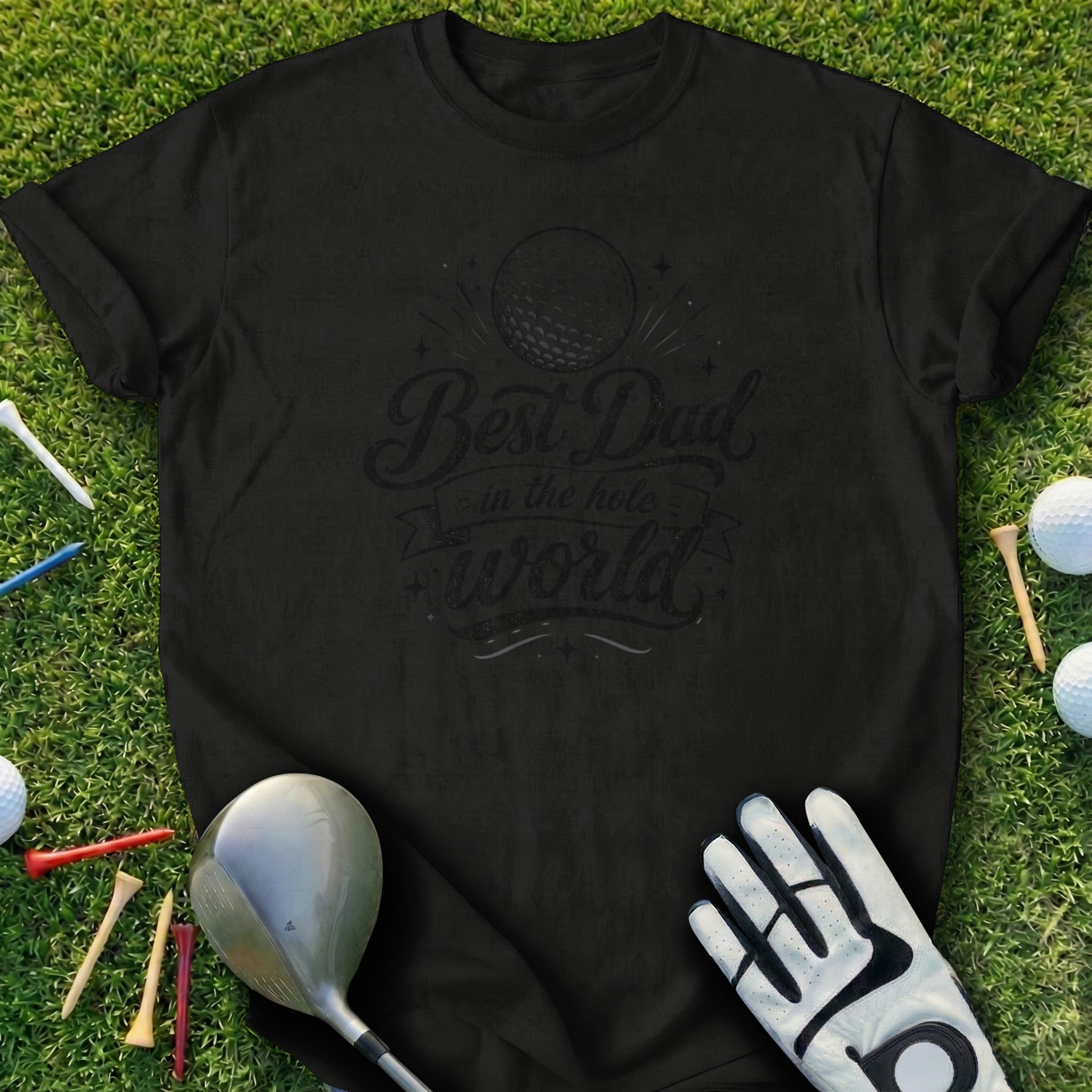 Black t-shirt with "Best Dad in the hole world" text and golf imagery.
