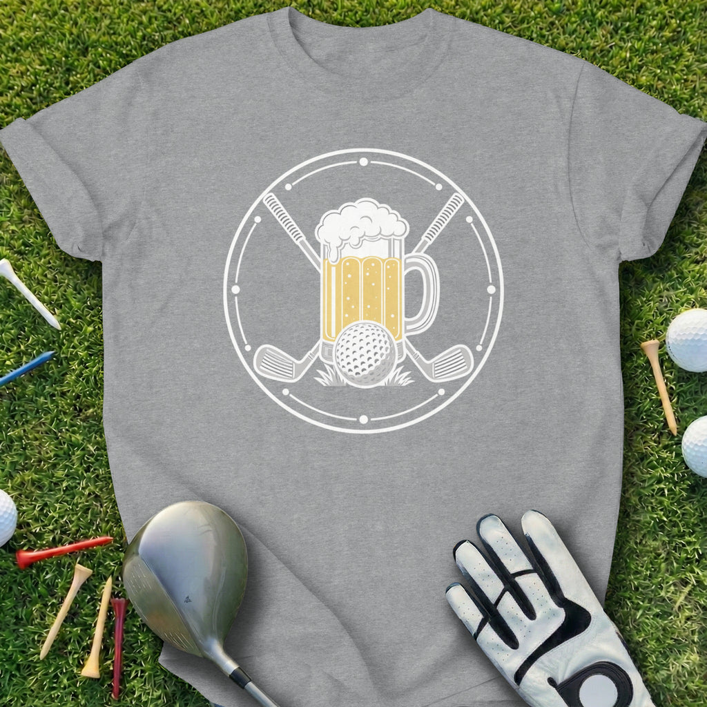 T-shirt graphic featuring beer, golf clubs, and golf ball with circular border.