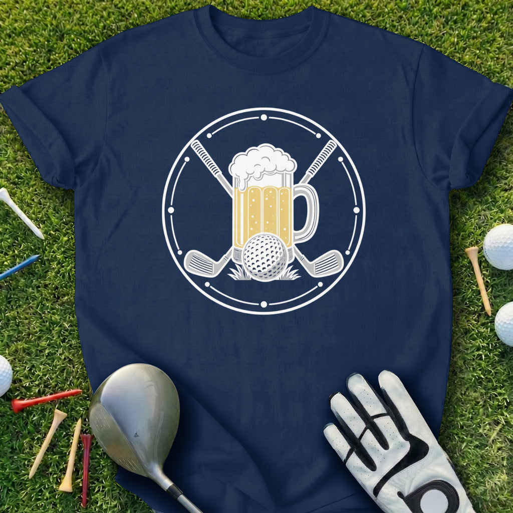 Navy t-shirt with a circular graphic of a beer mug and golf ball surrounded by clubs.