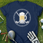 Navy t-shirt with a circular graphic of a beer mug and golf ball surrounded by clubs.
