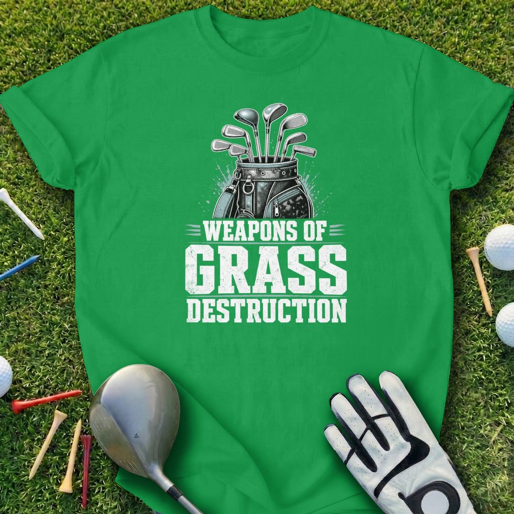 Green t-shirt with "WEAPONS OF GRASS DESTRUCTION" and golf club graphic.