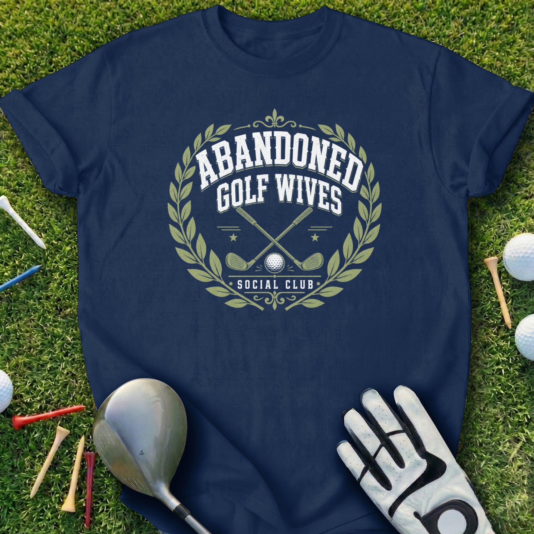 Navy t-shirt with "Abandoned Golf Wives Social Club" text and golf imagery.
