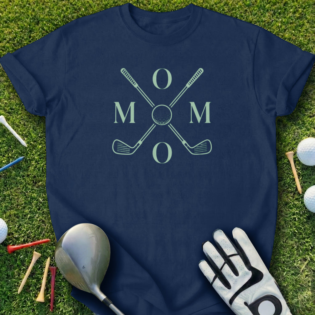 Navy t-shirt with "MOM" in large letters and crossed golf clubs.